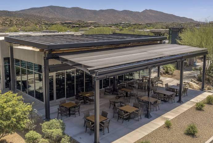 Outdoor dining area with mountain view