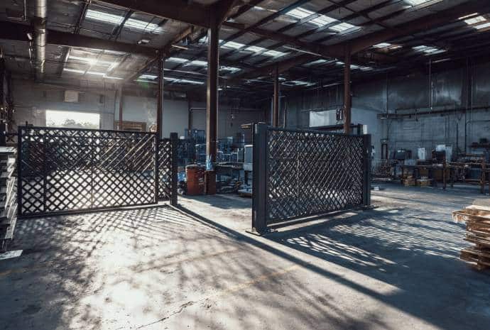 Large industrial space with open gates