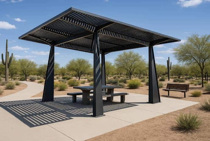 Modern shade structure in desert