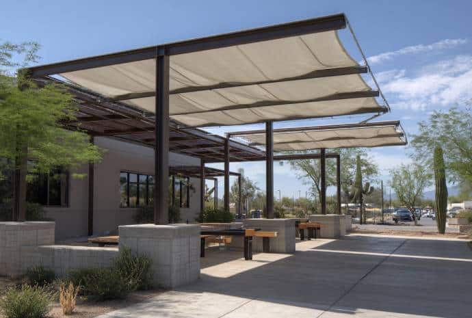 Modern outdoor shaded seating area